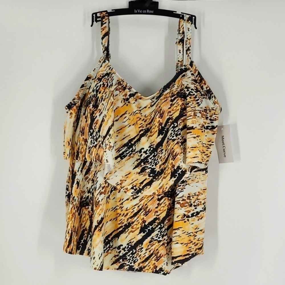 Meet.Curve Size 2XL Yellow and Black Tiered Tankini Swim Top